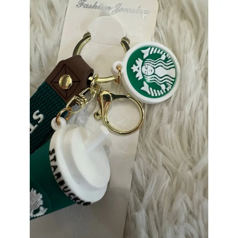 Starbucks green & white cup keychain with white Starbucks logo strap